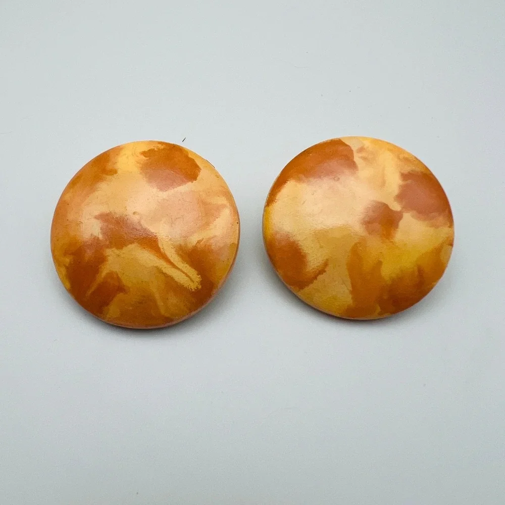 Vintage Yellow Marbled Clip On Earrings Round Button Statement Retro